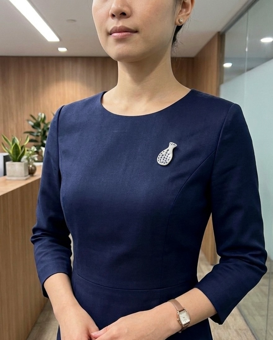Ghim cài áo hình quả lựu màu bạc trên váy xanh navy tay dài